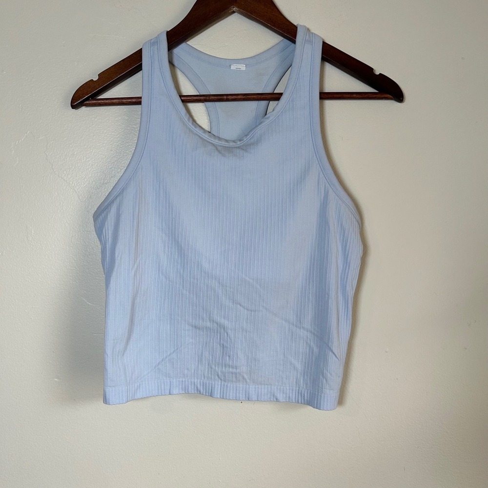 Lululemon Ebb to Street Racerback Crop Tank Women 8 Light Blue Ribbed Shelf Bra